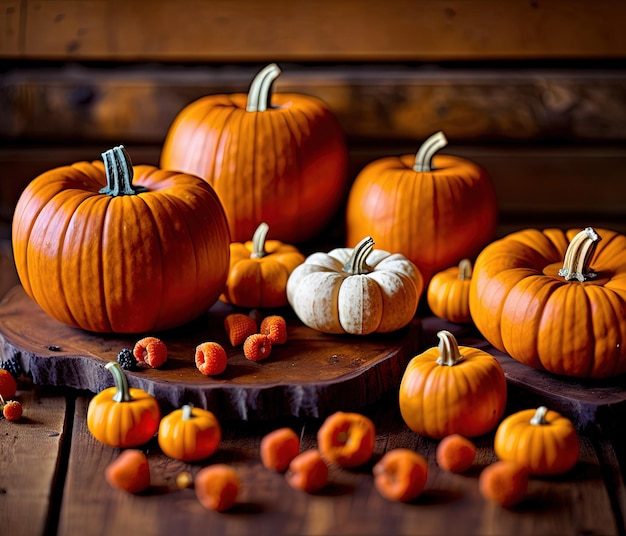 zucche e foglie di autunno su fondo di legno