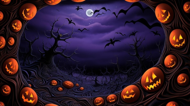 zucche e pipistrelli di Halloween sullo sfondo scuro