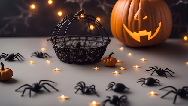 Zucche e ragni di Halloween su uno sfondo scuro Concetto di Halloween