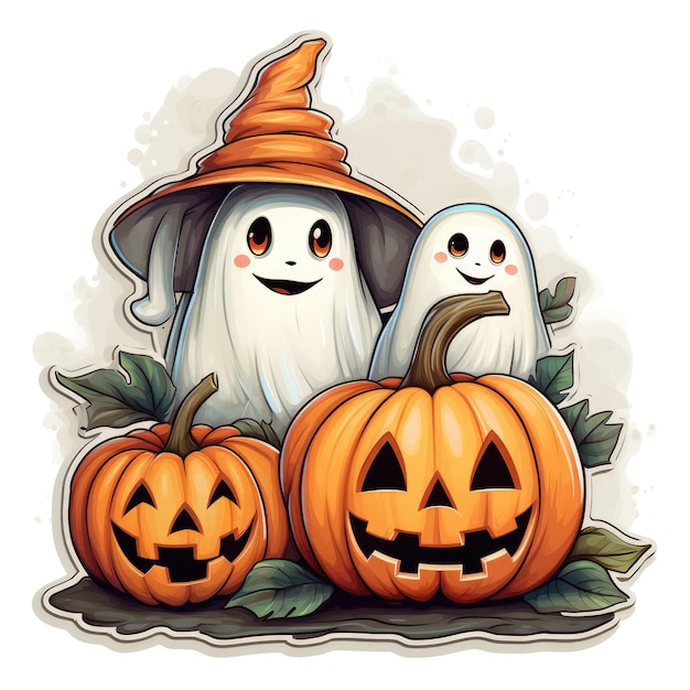 zucche fantasma sorriso adesivo vettoriale halloween simpatico cartone animato spaventoso tatuaggio design illustrazione arte