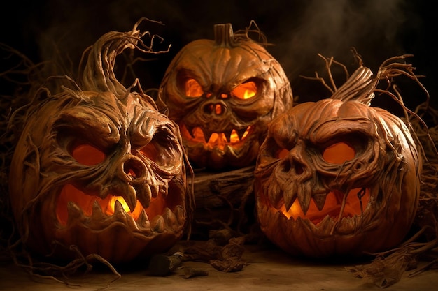 Zucche intagliate di Halloween Jackolanterns con facce malvagie spaventose Decorazioni per le vacanze di Halloween