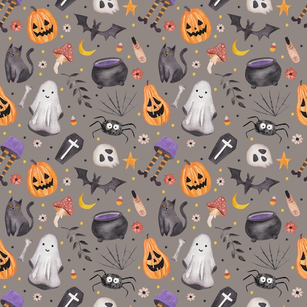Zucche Jack fantasma calderone gatto Halloween modello senza giunture Illustrazione acquerello su uno sfondo scuro
