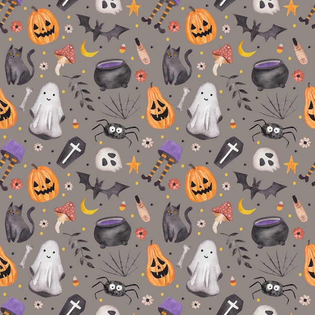 Zucche Jack fantasma calderone gatto Halloween modello senza giunture Illustrazione acquerello su uno sfondo scuro