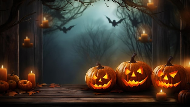 Zucche Jackolantern con uno sfondo di foresta nebbiosa e inquietante Sfondo di Halloween IA generativa
