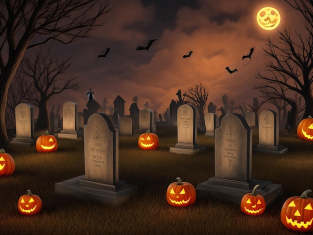 Zucche Nel Cimitero Sullo Sfondo Di Halloween Notte Spettrale