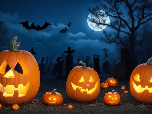 Zucche Nel Cimitero Sullo Sfondo Di Halloween Notte Spettrale