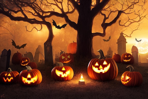 Zucche nell'illustrazione 3d del fondo di Halloween del cimitero