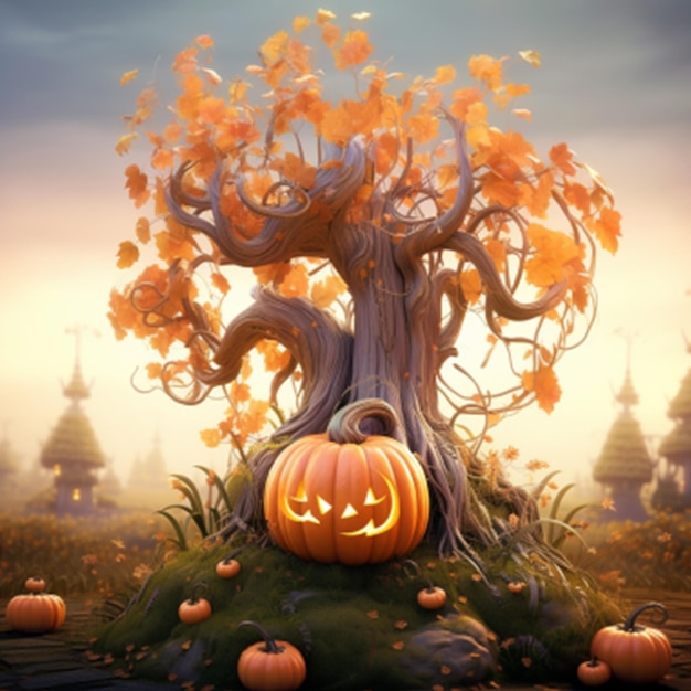 Zucche nell'illustrazione 3d del fondo di Halloween del cimitero