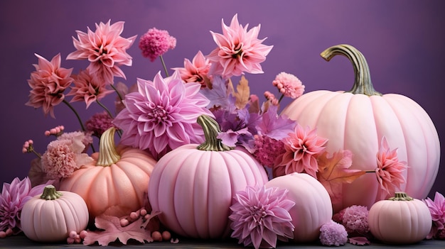 zucche rosa e arancione e fiori Ringraziamento decorazione di Halloween su blu zucche pastello moderne di tendenza e vari fiori sulla tavola idee di decorazione per le vacanze autunnali