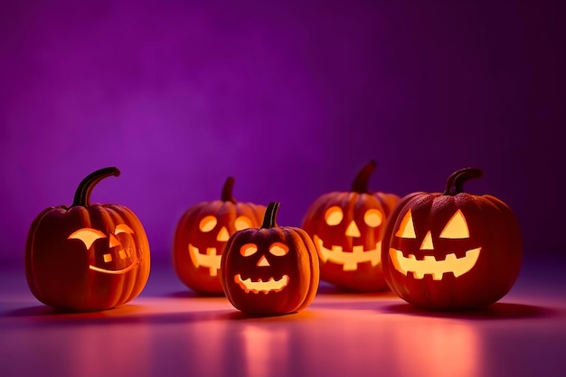 Zucche scolpite e illuminate dall'interno dello sfondo per Halloween Ai generato