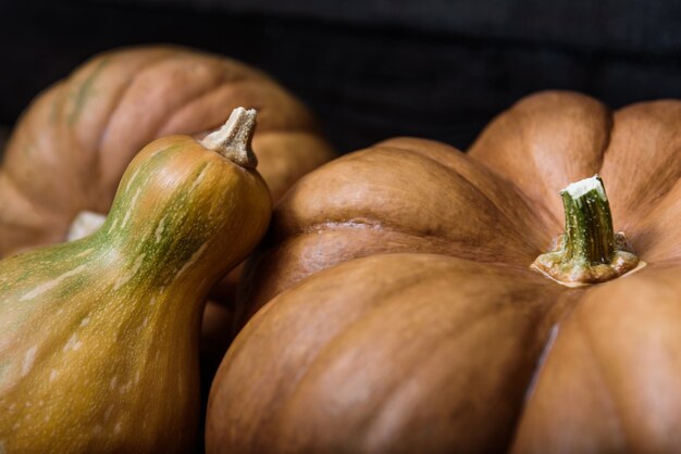 Zucche sdraiate su un tavolo di legno