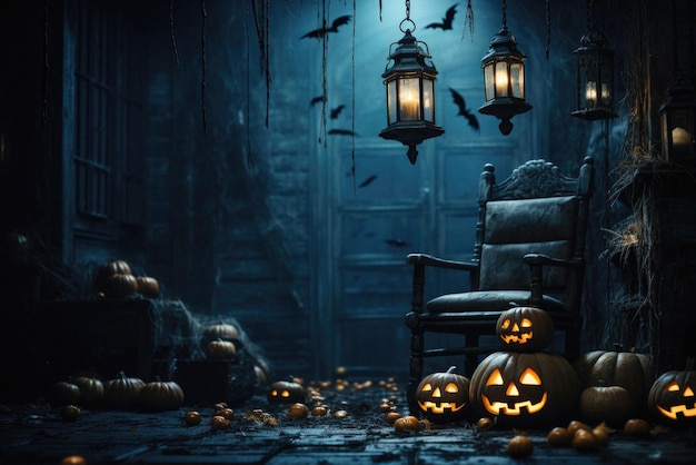 Zucche spaventose di sfondo spettrale di Halloween nella stanza della casa fantasma dell'orrore raccapricciante