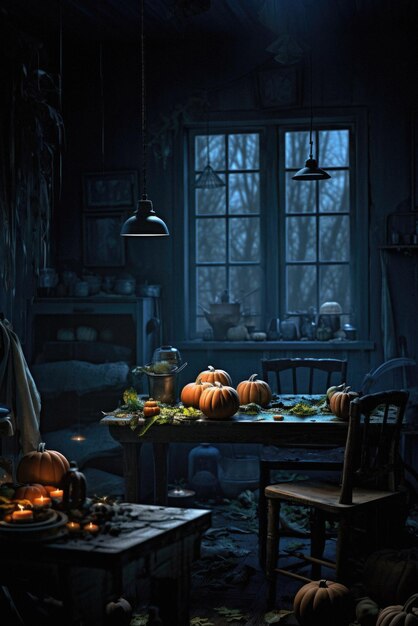 Zucche spaventose di sfondo spettrale di Halloween nella stanza della casa fantasma dell'orrore raccapricciante