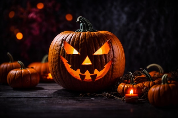 Zucche spettrali intagliate realistiche di Halloween sul rendering 3D del tavolo