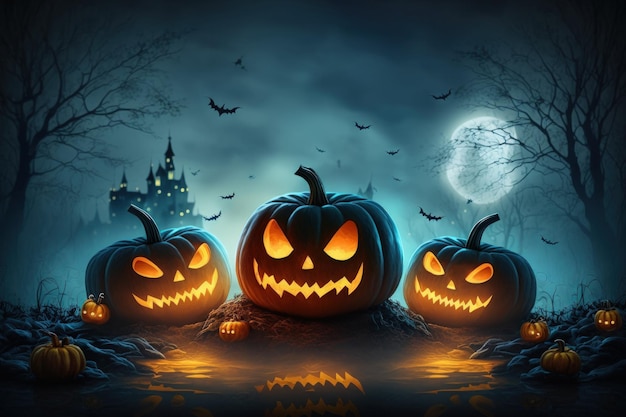 Zucche spettrali su uno sfondo di Halloween di notte