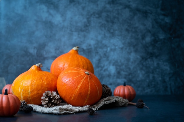 Zucche su sfondo scuro. Concetto di autunno e sfondo di Halloween