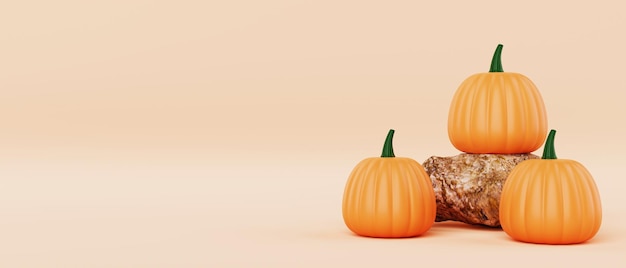 Zucche sulla roccia su sfondo arancione Concetto di Halloween e oggetti vegetali Rendering di illustrazioni 3D