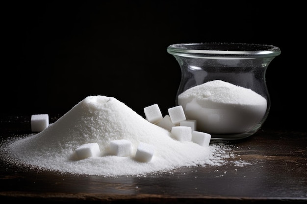 zucchero granulato e zucchero raffinato su tavola su sfondo nero