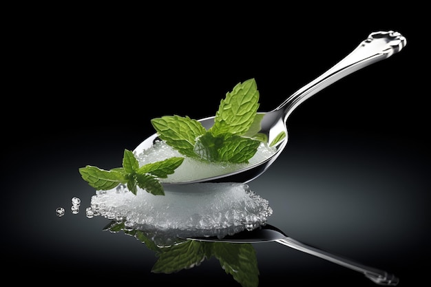 zucchero stevia cucchiaio riempito di polvere di stevia e foglie fresche di stevia su sfondo scuro con spazio di copia riflesso dolcificante naturale sostitutivo dello zucchero zucchero alternativo senza zucchero