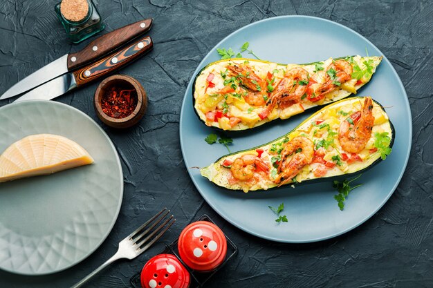 Zucchine a metà stufate con pomodori, gamberi, formaggio ed erbe aromatiche.