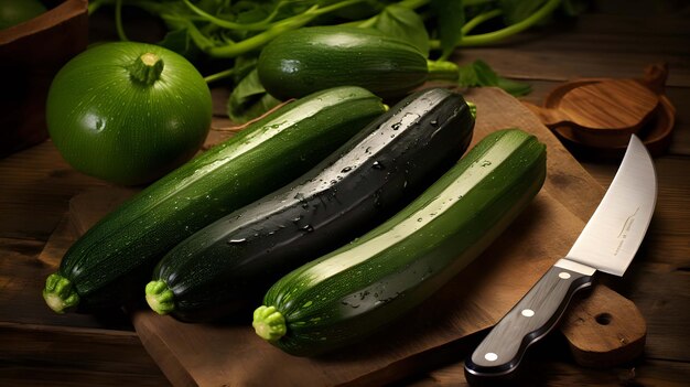 zucchine biologiche fresche sul tavolo di legno con il coltello