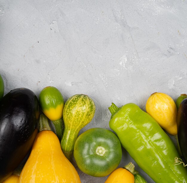 Zucchine, melanzane si trovano su uno sfondo grigio chiaro, raccolta