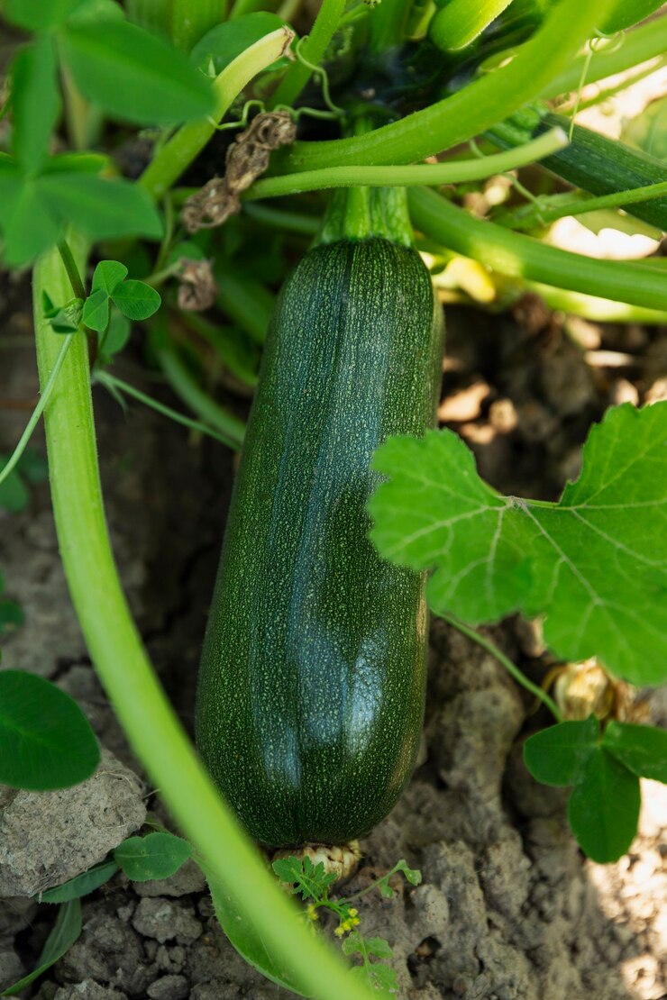 Zucchine verdi mature in giardino. Nuovo raccolto dalla natura. Vitamine e cibo sano. Avvicinamento. Verticale.