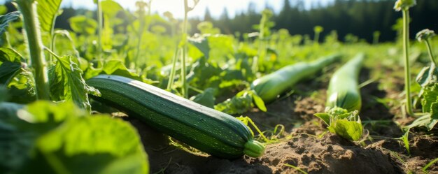 Zucchini fresche che crescono nel campo in una giornata di sole