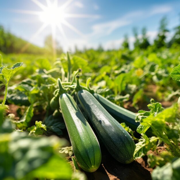 Zucchini fresche che crescono nel campo in una giornata di sole