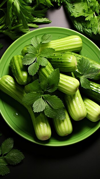 Zucchini fresche di colore verde chiaro e piatto di sedano