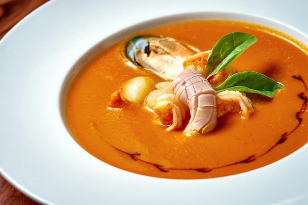 Zuppa asiatica tom yam con gamberetti e pollo in un piatto bianco su fondo di legno