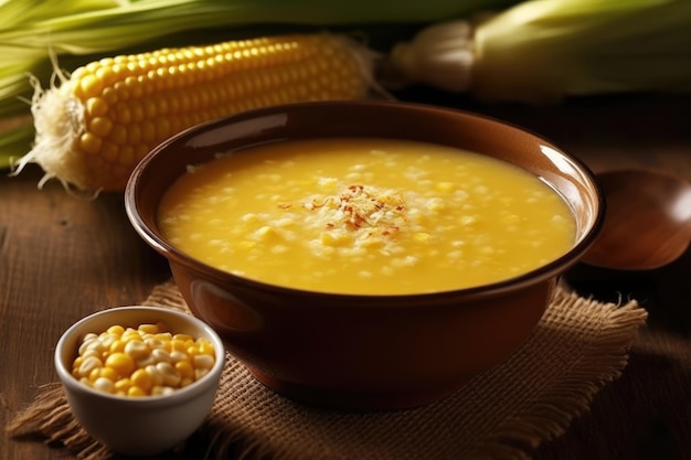 Zuppa calda di mais e piselli in una ciotola marrone