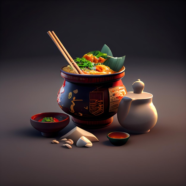 Zuppa cinese in una pentola di terracotta con le bacchette su uno sfondo scuro