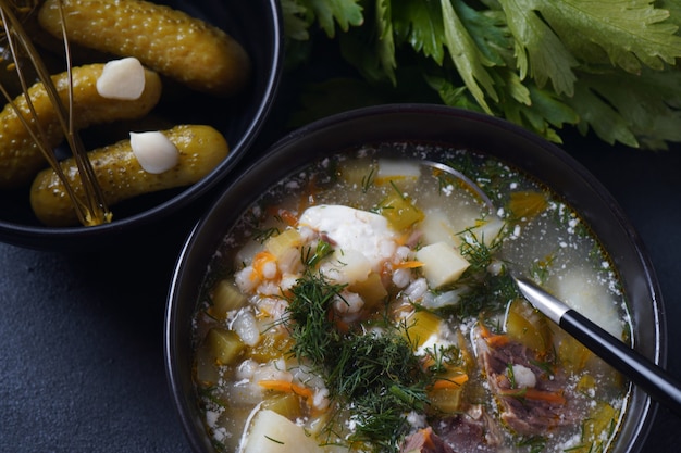 Zuppa con carne di manzo cetrioli sottaceto e orzo perlato Rassolnik