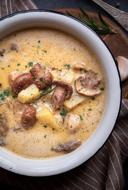 Zuppa cremosa di funghi porcini in una ciotola rustica