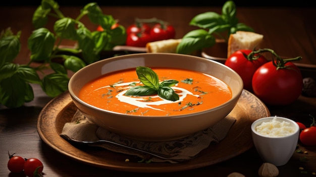 Zuppa cremosa di pomodoro con basilico elegantemente semplice nella presentazione