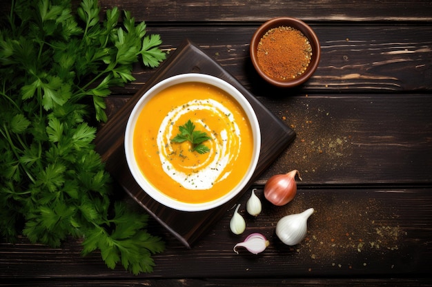 Zuppa cremosa di zucca e carote con prezzemolo su legno scuro Vista dall'alto