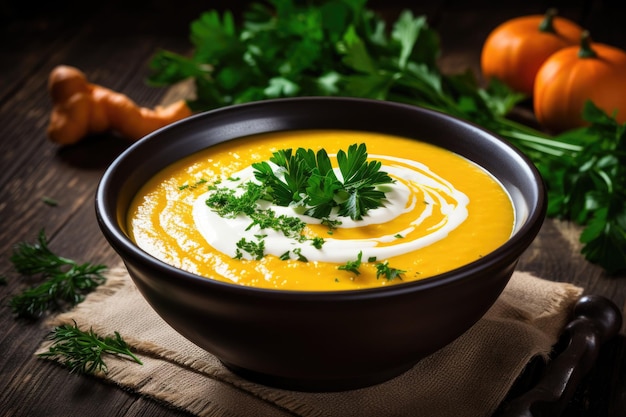 Zuppa cremosa di zucca e carote condita con prezzemolo su una superficie di legno rustica