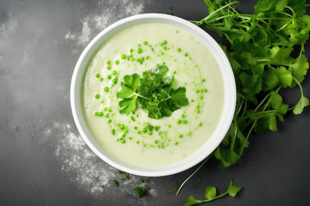 Zuppa cremosa vegana con germogli di piselli verdi in una ciotola bianca su sfondo grigio di cemento