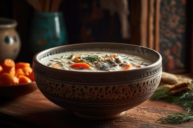 Zuppa cremosa vegana con verdure su tavola di legno Ai generativa