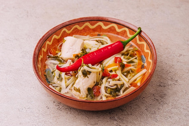 Zuppa di brodo di pollo con tagliatelle erbe pepe e verdure sul piatto