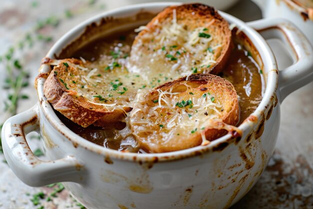 Zuppa di cipolla guarnita con pane tostato e formaggio