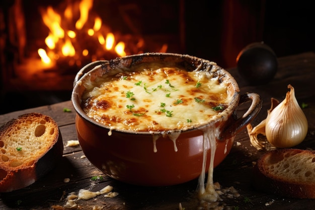 Zuppa di cipolle francese in ciotola di ceramica con pane croccante