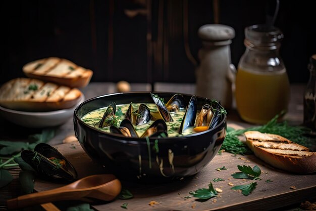 Zuppa di cozze francese tradizionale con erbe fresche e crostini