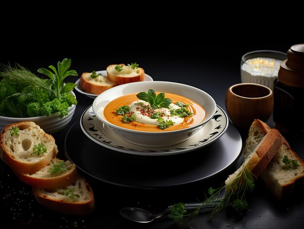 Zuppa di crema con pane e erbe artificiali generative