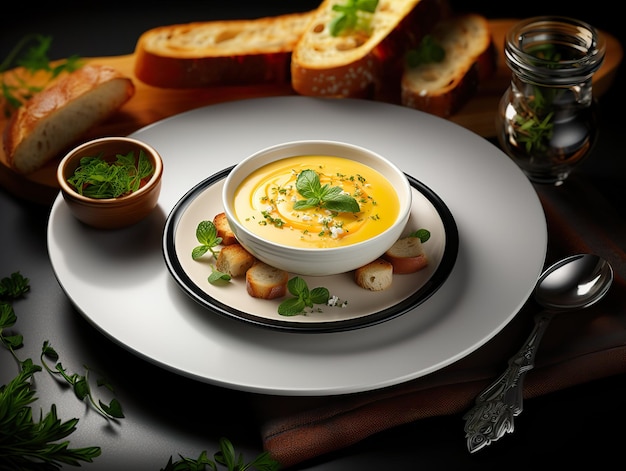 Zuppa di crema con pane e erbe artificiali generative