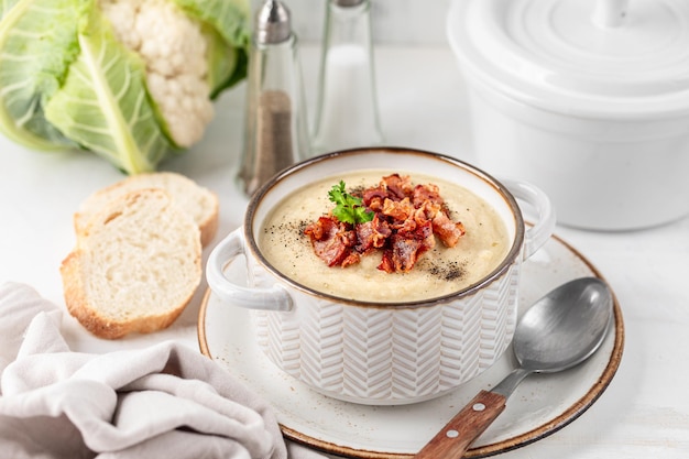 Zuppa di crema di cavolfiore e fagioli bianchi con pancetta fritta