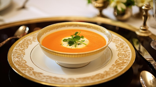 Zuppa di crema di zucca o zucca al burro in un ristorante campagna inglese cucina squisita menu arte culinaria cibo e cucina raffinata
