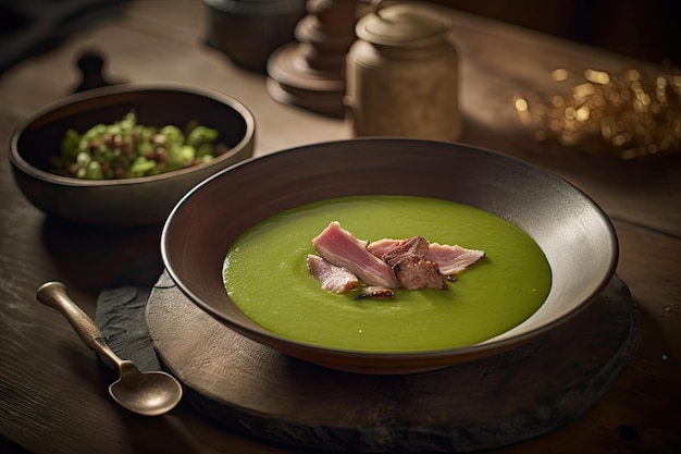 Zuppa di crema verde con pancetta spinaci cena broccoli puree zuppa di pisello verde su sfondo scuro astratto illustrazione generativa AI