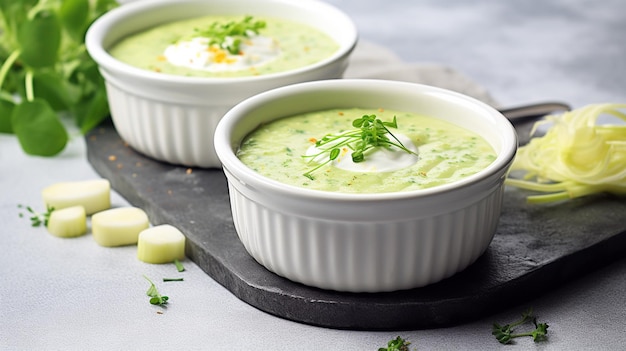 zuppa di crema verde con prezzemolo di cetriolo fresco e croutoni cibo sano